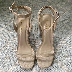 Lulu’s Nude Snakeskin Sandal Heels